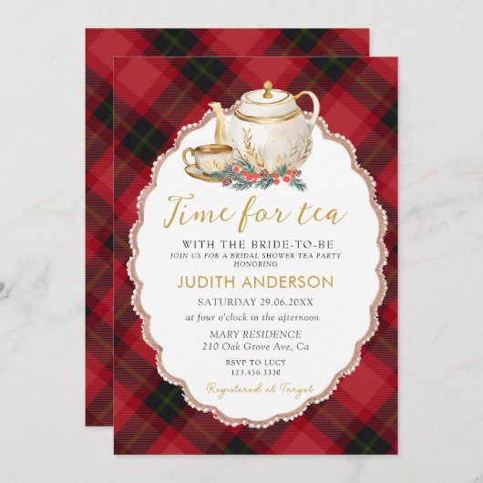 Christmas Plaid Tea Party Bridal Shower Invitation Einladung (Vorne/Hinten)