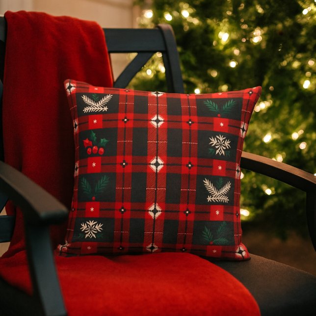 Christmas Plaid with Snowflakes & Evergreen  Kissen (Festive Christmas plaid with holly and evergreen accents.  A fun pillow for outdoor gatherings )