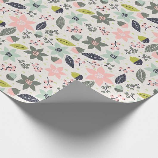 Christmas Poinsettia Acorns Grau Aqua Lime Green Geschenkpapier (Ecke)