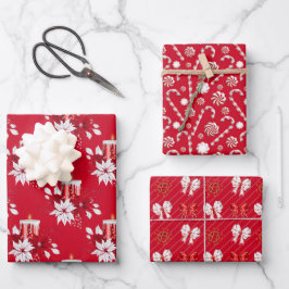 Christmas Poinsettia Bow Candy Cane Candle Red Geschenkpapier Set