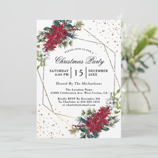 Christmas Poinsettia Confetti Party Einladung (Stehend Vorderseite)