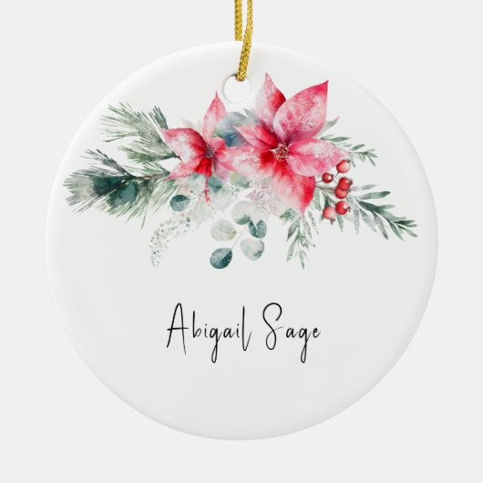 Christmas Poinsettia Evergreen Floral Bible Verse Keramik Ornament (Vorne)