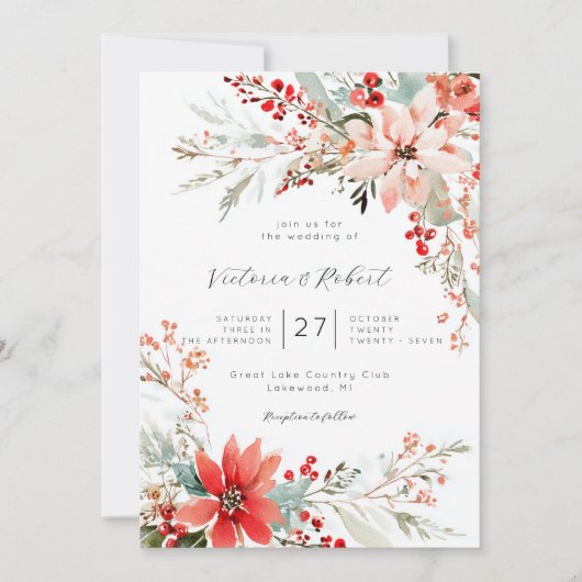 Christmas Poinsettia floral Wedding Invitation Einladung (Vorderseite)