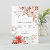 Christmas Poinsettia floral Wedding Invitation Einladung (Stehend Vorderseite)