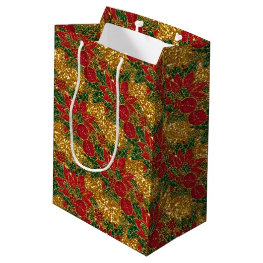 Christmas Poinsettia-GIFT BAG, Gold-M Mittlere Geschenktüte (Rückseite Schrägansicht)
