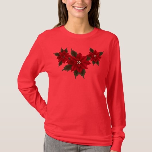 Christmas Poinsettia Hanes Deep Red LS T - Shirt (Vorderseite)