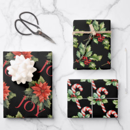 CHRISTMAS POINSETTIA, HOLLY, CANDY CANE on BLACK Geschenkpapier Set
