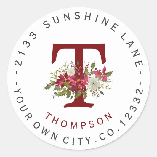 Christmas Poinsettia Monogram Address Label Runder Aufkleber (Vorderseite)