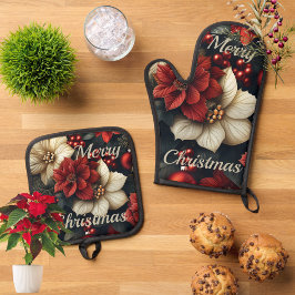 Christmas Poinsettia Oven Mitt & Pot Holder Set