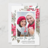 Christmas Poinsettia Red Floral Holly Pine Save The Date (Vorderseite)