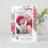 Christmas Poinsettia Red Floral Holly Pine Save The Date (Stehend Vorderseite)
