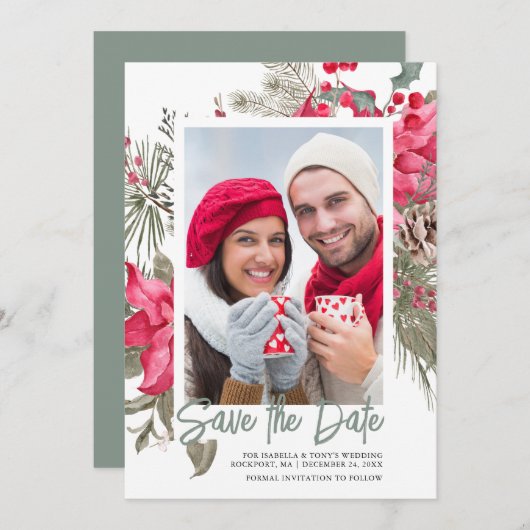 Christmas Poinsettia Red Floral Holly Pine Save The Date (Vorne/Hinten)