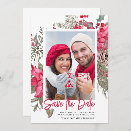 Christmas Poinsettia Red Floral Holly Pine Save The Date (Vorne/Hinten)