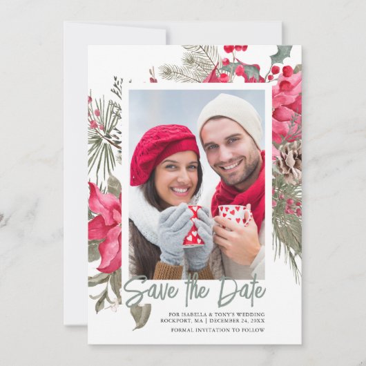 Christmas Poinsettia Red Floral Holly Pine Save The Date (Vorderseite)