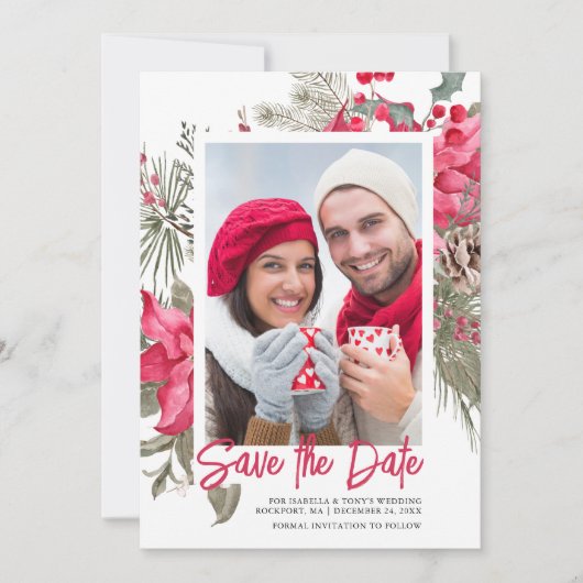 Christmas Poinsettia Red Floral Holly Pine Save The Date (Vorderseite)