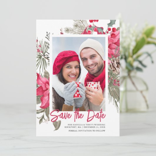 Christmas Poinsettia Red Floral Holly Pine Save The Date (Stehend Vorderseite)