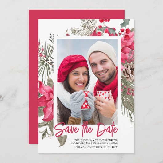 Christmas Poinsettia Red Floral Holly Pine Save The Date (Vorne/Hinten)