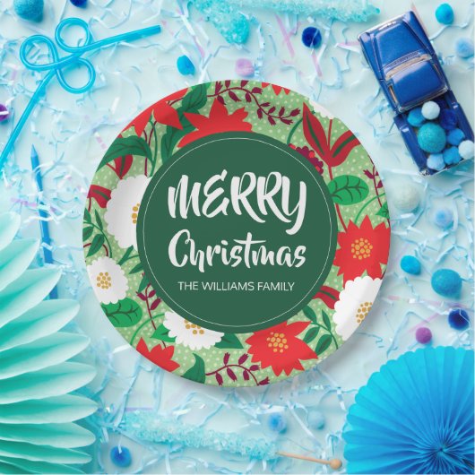 Christmas Poinsettia Red White Floral Monogram Pappteller (Party)