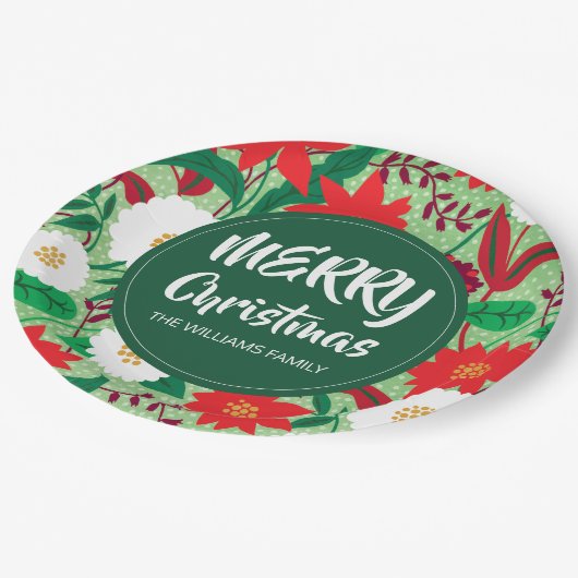 Christmas Poinsettia Red White Floral Monogram Pappteller (Schrägansicht)
