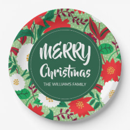 Christmas Poinsettia Red White Floral Monogram Pappteller