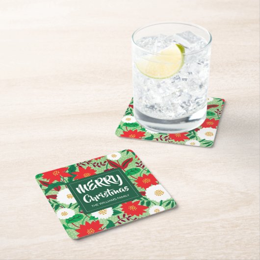 Christmas Poinsettia Red White Floral Monogram Rechteckiger Pappuntersetzer (Vor Ort)