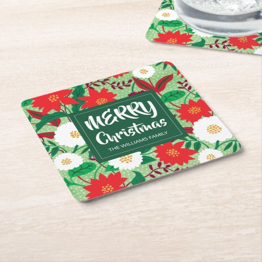 Christmas Poinsettia Red White Floral Monogram Rechteckiger Pappuntersetzer (angewinkelt)