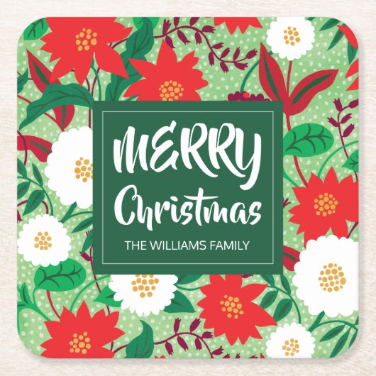 Christmas Poinsettia Red White Floral Monogram Rechteckiger Pappuntersetzer (Vorderseite)