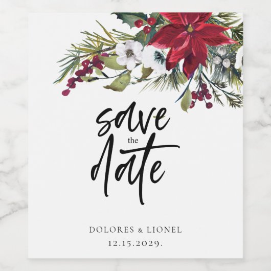 Christmas Poinsettia Skript Save the Date Weinetikett (Einzelnes Label)