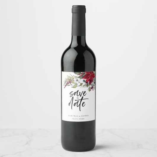 Christmas Poinsettia Skript Save the Date Weinetikett (Vorderseite)