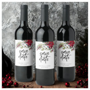 Christmas Poinsettia Skript Save the Date Weinetikett