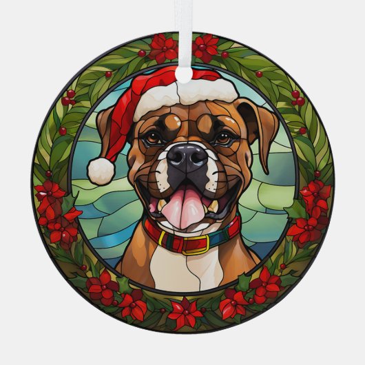 Christmas Poinsettia Weihnachtsmannmütze Boxer Dog Ornament Aus Glas (Rückseite)