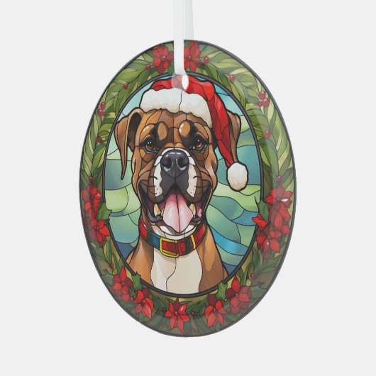 Christmas Poinsettia Weihnachtsmannmütze Boxer Dog Ornament Aus Glas (Vorderseite links)
