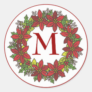 Christmas Poinsettia Wreath Monogram Umschlag Aufk Runder Aufkleber
