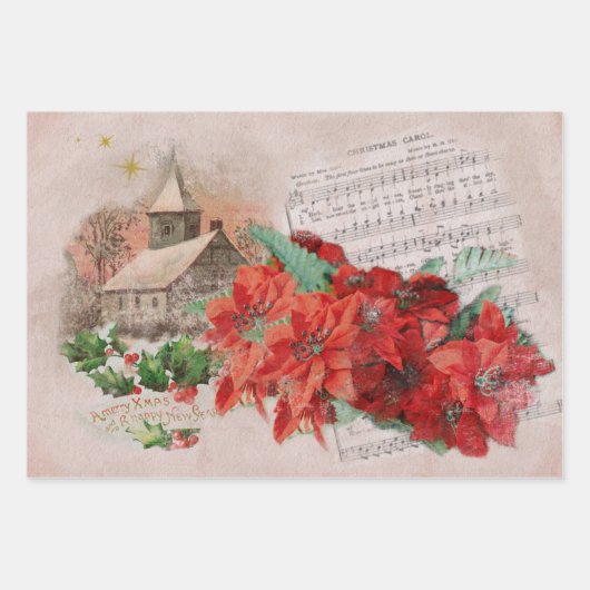Christmas Poinsettias Vintage Geschenkpapier Set (Vorderseite 3)