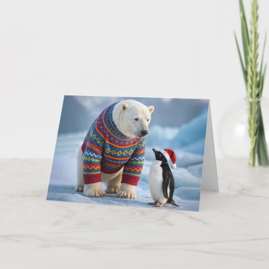 Christmas Polar Bear and Penguin Friends Karte (Vorderseite)
