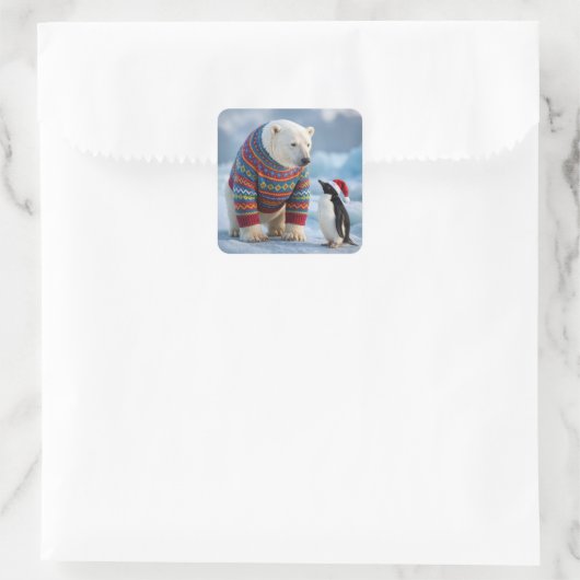 Christmas Polar Bear and Penguin Friends Quadratischer Aufkleber (Tasche)