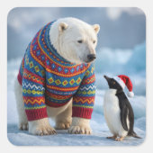 Christmas Polar Bear and Penguin Friends Quadratischer Aufkleber (Vorderseite)