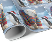 Christmas Polar Bear and Penguin On a Glacier Geschenkpapier (Rolleneckpunkt)