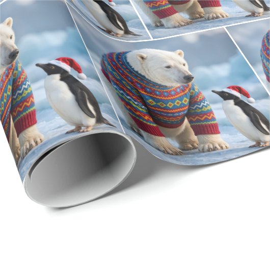 Christmas Polar Bear and Penguin On a Glacier Geschenkpapier (Rolleneckpunkt)