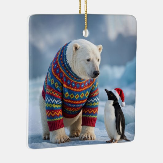 Christmas Polar Bear and Penguin On a Glacier Keramikornament (Rechts)