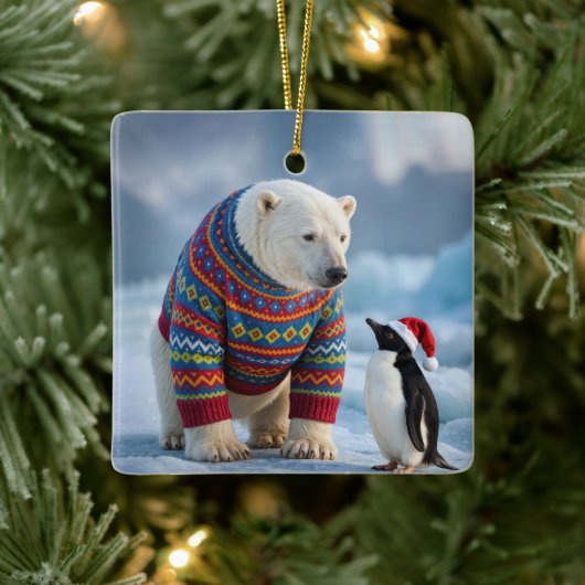 Christmas Polar Bear and Penguin On a Glacier Keramikornament (Baum)