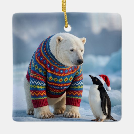Christmas Polar Bear and Penguin On a Glacier Keramikornament (Vorderseite)