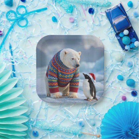 Christmas Polar Bear and Penguin On a Glacier Pappteller (Party)