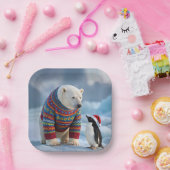 Christmas Polar Bear and Penguin On a Glacier Pappteller (Party)