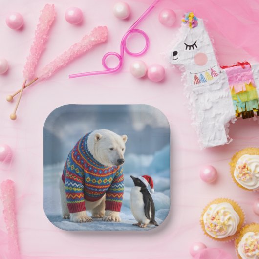 Christmas Polar Bear and Penguin On a Glacier Pappteller (Party)