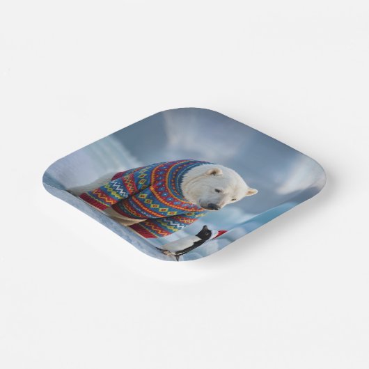 Christmas Polar Bear and Penguin On a Glacier Pappteller (Gewinkelt)