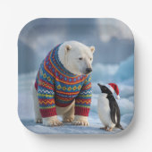 Christmas Polar Bear and Penguin On a Glacier Pappteller (Vorderseite)