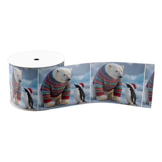 Christmas Polar Bear and Penguin On a Glacier Ripsband (Spule)