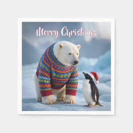 Christmas Polar Bear and Penguin On a Glacier Serviette