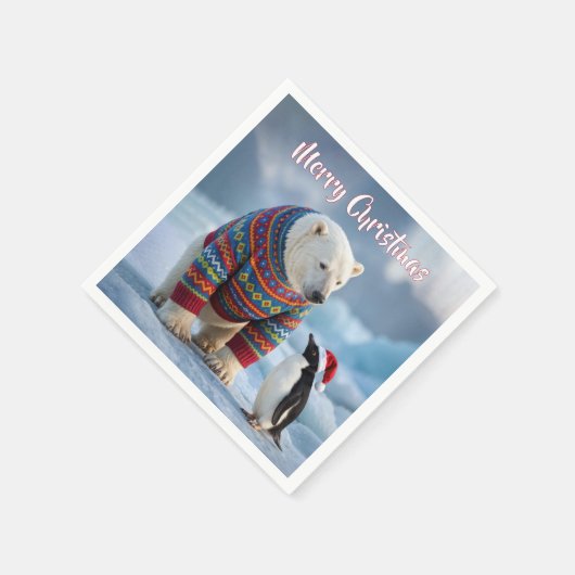 Christmas Polar Bear and Penguin On a Glacier Serviette (Ecke)